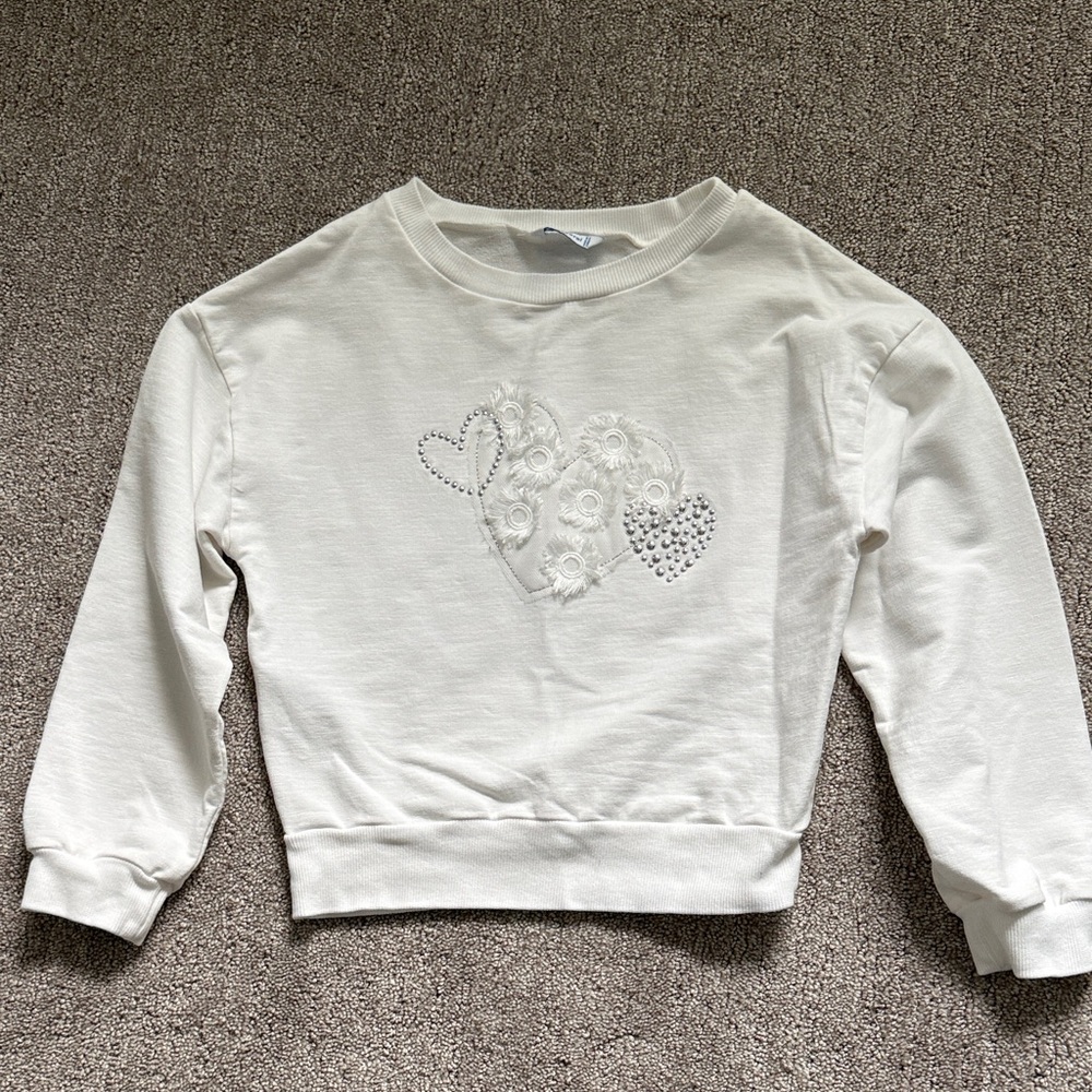 Girls Cream Heart Embroidered Sweater